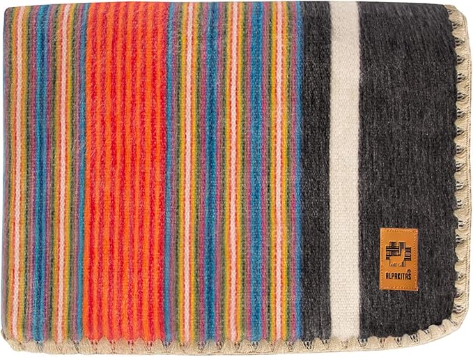 ALPAKITAS Alpaca Wool Blanket – Twin Size, 75 x 38 Inches – Warm & Lightweight – Couch, Bed, or Outdoor Blanket – Orange & Blue