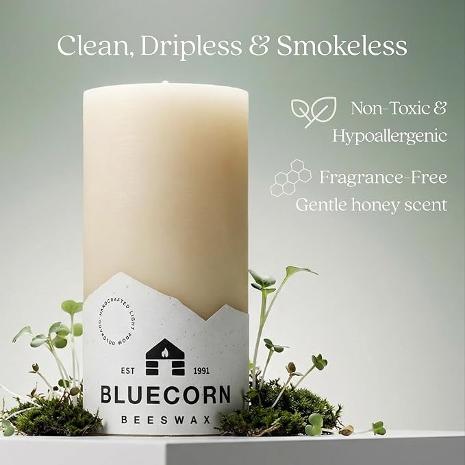 Bluecorn Beeswax 100% Pure Beeswax Pillar Candles | Ivory White 3x4 Pillar Candle Set | Non Toxic, Unscented, Clean Burning | Cotton Wick, Dripless, 60 Hr Long Burning | Handmade in USA | 6 Pack