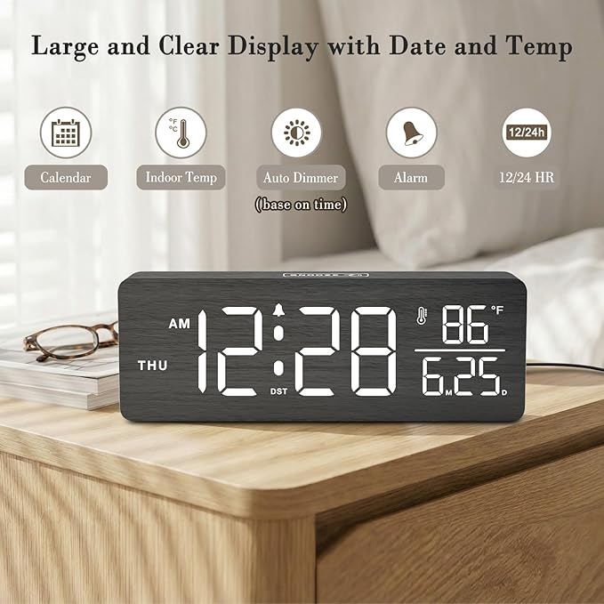 DreamSky Wooden Digital Alarm Clocks for Bedrooms – Large Display Desk Clock with Date & Day of Week for Living Room, Temperature, Dimmer, Adjustable Volume, Auto DST, Office Wood Décor (Plug-in)
