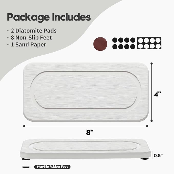 2Pack Water Absorbing Stone Tray for Sink, Diatomite Drying Coasters for Kitchen & Bathroom Counter, Kitchen Soap Dish Makeup Caddy, Dispenser Sponge Holder Space Organizer, White - 8"x 3.8"