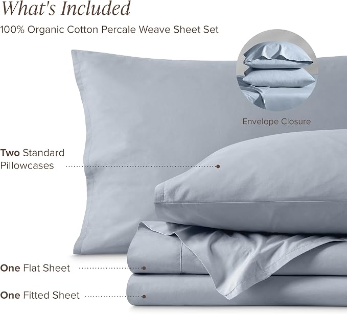 Bare Home 100% Organic Cotton Full Sheet Set - Crisp Percale Weave - Lightweight & Breathable - Bedding Sheets & Pillowcases (Full, Dusty Blue)