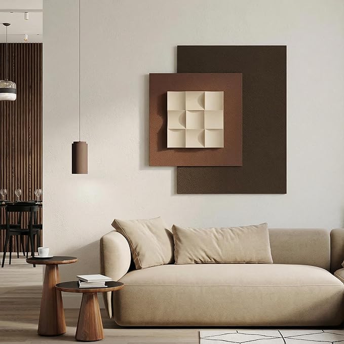 Vaskuro Extra Large 3D Wood Textured Neutral Art, Modern Minimalist Abstract Artwork for Living Dining Room, Handmade, Sandstone Layered, Organic home Office Brown Cozy Zen Wall Decor, 29x31.5in