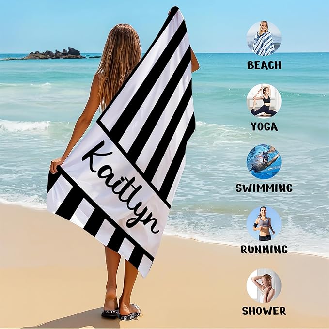 JML Personalized Beach Towel with Name, Custom Cabana Stripe Beach Towel, Customized Microfiber Pool Towel, Quick Dry & Absorbent Swim Towel for Adult,Anniversary, Birthday, Summer Holiday,Vacation