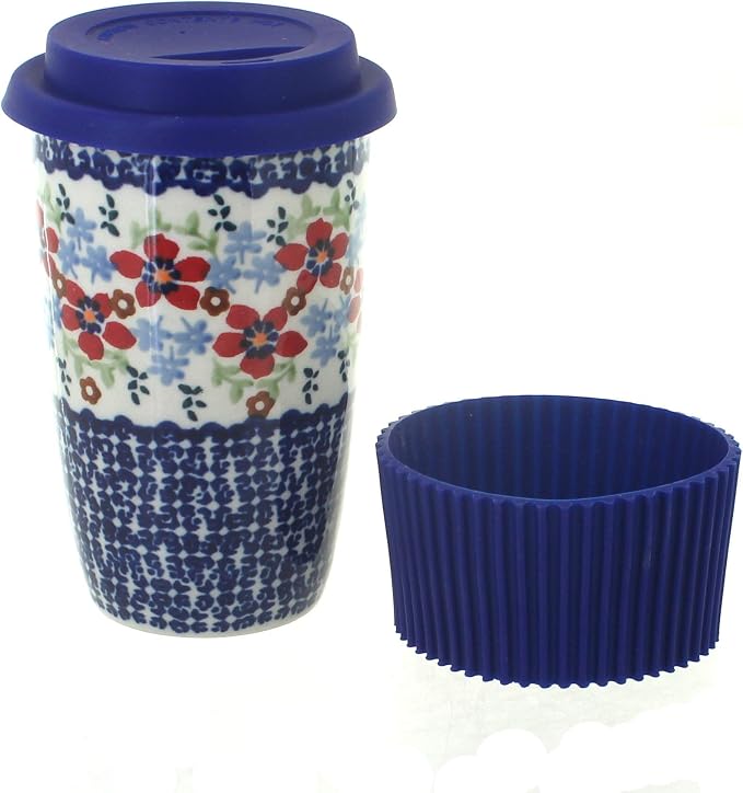 Blue Rose Polish Pottery - Red Poppy Travel Coffee Mug - 12 oz - Mug for On-The-Go, Fits Most Car Cup Holders