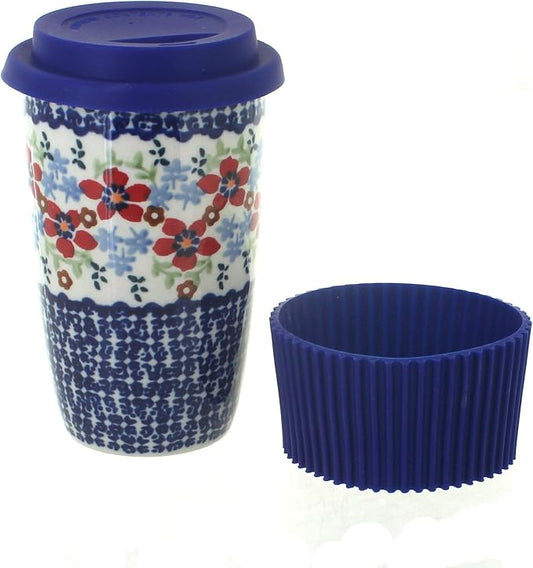 Blue Rose Polish Pottery - Red Poppy Travel Coffee Mug - 12 oz - Mug for On-The-Go, Fits Most Car Cup Holders