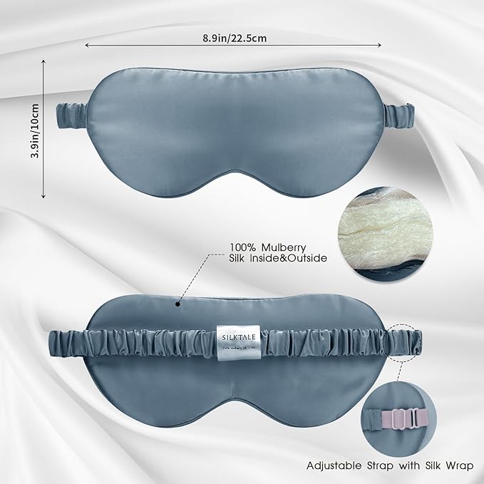 Mulberry Silk Blackout Adjustable Sleep Eye Mask for Men/Women Travel Plane,Ash Blue