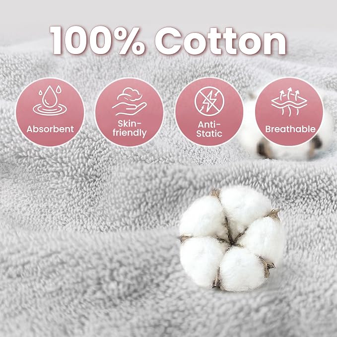 Mandydov 100% Cotton Hair Towel Wrap for Women, 2 Pack Thickened & Super Absorbent Turbans, Anti Frizz Quick Dry Hair Towels (Pink, Gray)