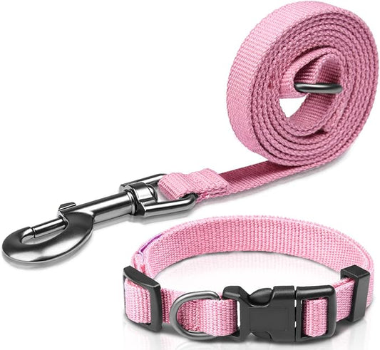 Pink Dog Collar and Leash Set for Medium Size Dog, Breathable, Anti-Odor & Soft, Comfortable for Sensitive Skin Puppies, 90% Bamboo Rayon, Adjustable Quick-Release Buckle Pet Collar for Medium Breeds