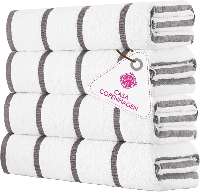 CASA COPENHAGEN Cabana Pool 4Pcs 100% Egyptian Cotton Large Designer Beach Towels Gift Set- White Ash, 500GSM, 55"x27", 4 Beach Bath Towels (Box Pack, Set for Women & Men)
