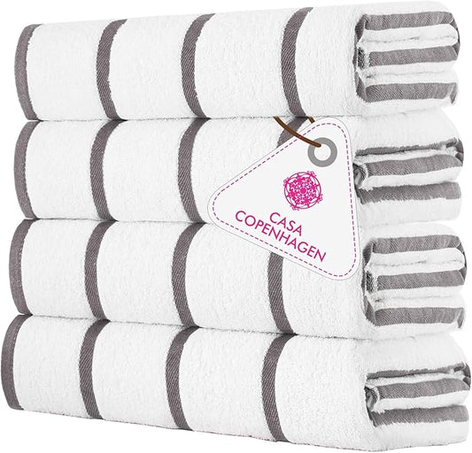CASA COPENHAGEN Cabana Pool 4Pcs 100% Egyptian Cotton Large Designer Beach Towels Gift Set- White Ash, 500GSM, 55"x27", 4 Beach Bath Towels (Box Pack, Set for Women & Men)