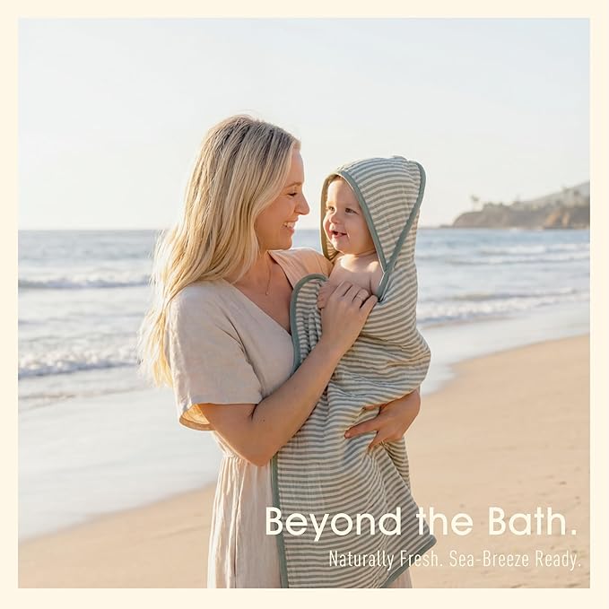 Ultra-Soft Muslin Baby Towel - 32 x 32 Inches, Ideal for Bath & Beach, Suitable for Both Boys & Girls from Newborns to Toddlers (Sage Green Stripes)