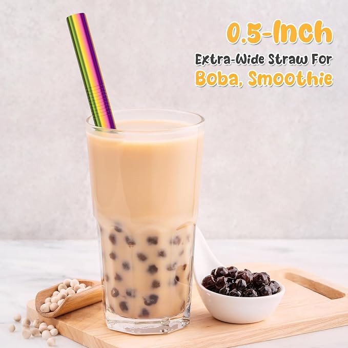 NiHome 8-Pack Stainless Steel Straws for Boba, Smoothie, 10.4” Metal Straws | 0.5'' Extra Wide Metal Reusable Straws, 4 Bent & 4 Straight Drinking Straw for Bubble Tea, Milkshake, 2 Brushes, Iridescent