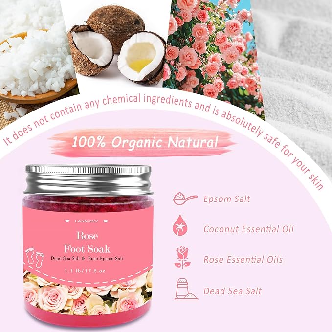 Rose Foot Soak with Epsom Salt and Sea Salt. Organic Natural Handmade Spa Pedicure Care For Foot Callus, Dry Cracked, Tired Feet, Stubborn Foot Odor Scent.(1.1 Lbs）