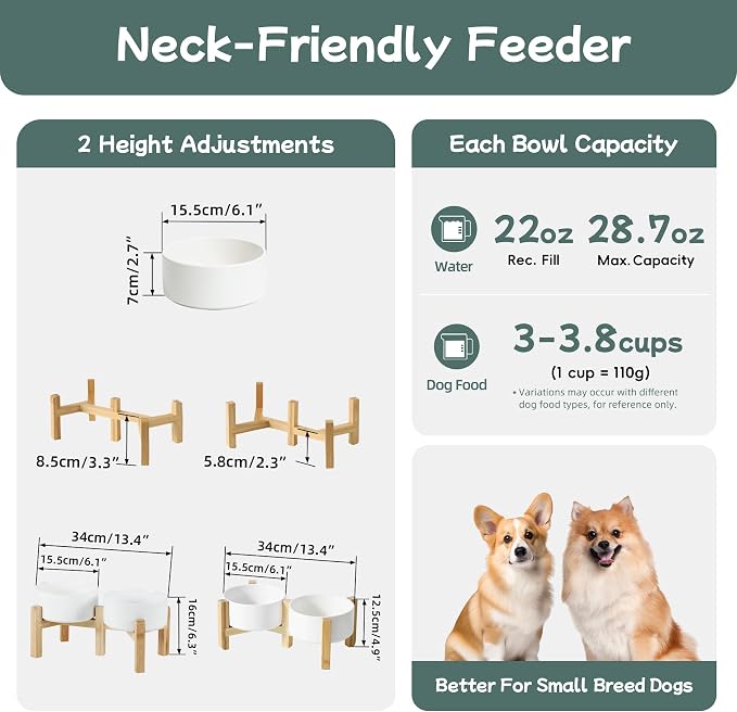 Havniva 6.1” Dog Bowls Elevated Ceramic Dog Food and Water Bowl Set, Double Raised Dog Water Bowl with Stand Non-Slip Rubber Base Two Heights Large Capacity Feeding Pet Food Bowl for Small Dogs