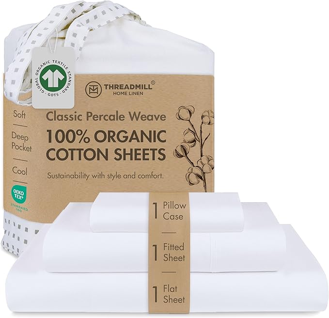 Threadmill Organic Cotton Bed Sheet Set - Soft & Natural - Cool Cotton Sheets - Includes Flat Sheet, Fitted Sheet, & Pillowcases - Twin XL/White