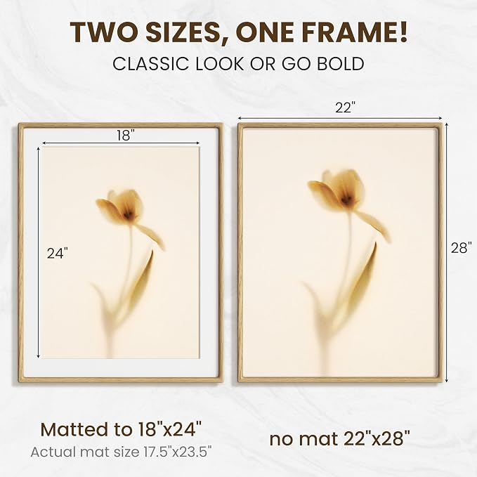22x28 Poster Frame, USA-Sourced Oak Wood Frame Wall Mounted, 22x28 Picture Frame with Real Glass, 22 x 28 Picture Frame Matted to 18x24 Photo for Vertical & Horizontal Hanging, 1 Pack
