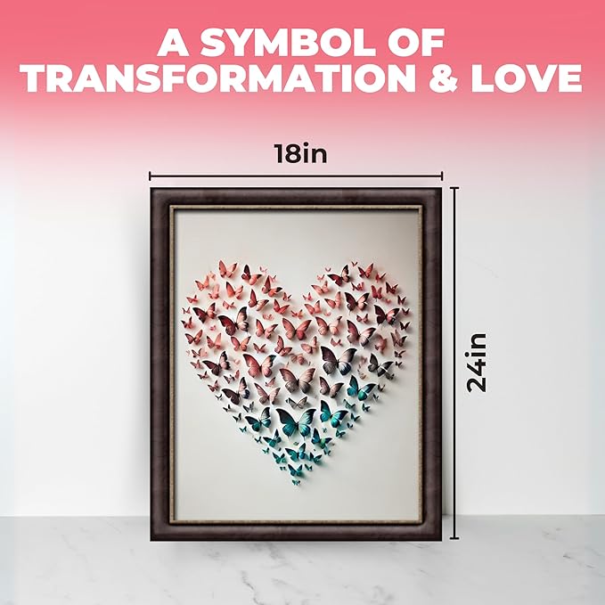 InkFlow Posters Butterfly Heart Poster - 3D Paper Butterflies in Pink, Blue, and Teal - Abstract Love Art for Bedroom, Living Room, Home - 18x24 Unframed Canvas Print