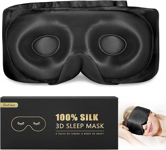 BeeVines 100% 22 Momme Silk 3D Sleep Mask for Men & Women, Luxury Silk 3D Contoured Eye Mask for Lash Extensions, Zero Pressure on Eyes & Blackout for Sleeping, Travel, with Adjustable Band
