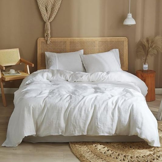 Ivellow Bed Linen Set, 100% Pure French Linen Duvet Cover, Queen, 3Pcs (1 Duvet Cover, 2 Pillowcases), Off White