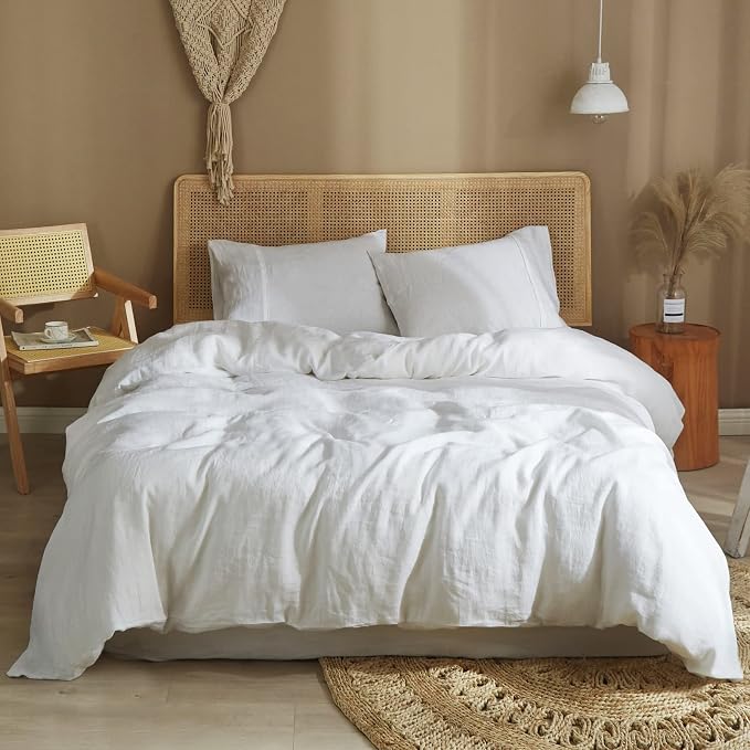 Ivellow White Linen Duvet Cover King 100% Pure Washed French Flax Linen 3Pcs (King Duvet Cover, 2 Pillow Shams)