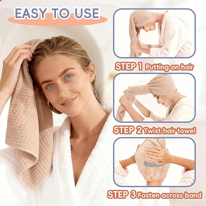 Large Microfiber Hair Towel for Women, Super Soft Absorbent Quick Dry Hair Towels Wrap with Elastic Band, Hair Drying Towels Anti Frizz Hair for Curly Long Wet Hair Care 24''x40'' (Pink)