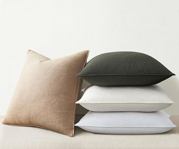 Linen Green Pillow Covers with Flange Design Pack of 4 Decorative OliveGreen Throw Pillow Covers Soft Accent Boho Couch Pillowcases Farmhouse for Living Room Bed Sofa 16x16 Inch