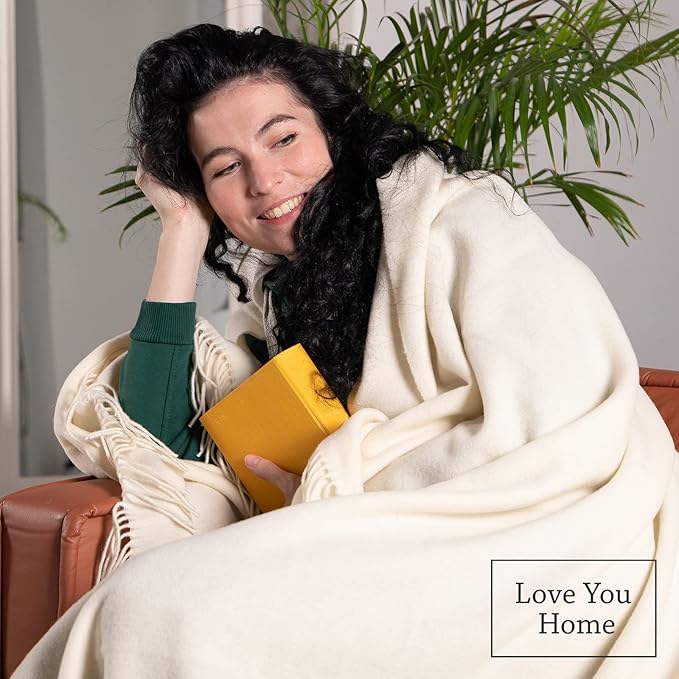 LYHome Cashmere Blanket with Merino - Luxury Wool Throw Soft Cozy and Warm, Decorative Throws Couch Bed Sofa, Warmest Blankets for Travel Camping & Cold Weather (55x79 | White Herringbone)