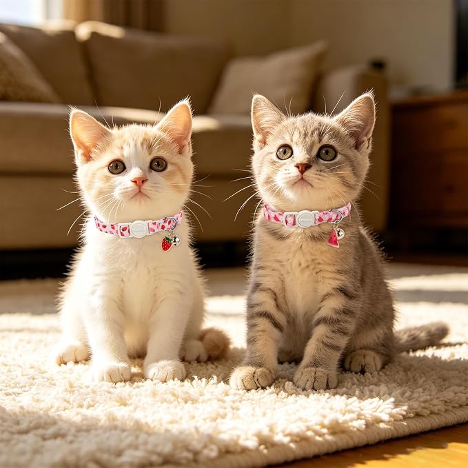 2 Pack Pink Cat Collars - Spring Summer Breakaway Cat Collar with Bell, Adjustable Cute Pink Plaid Kitten Collars for Girl Cats, 7-12 Inch