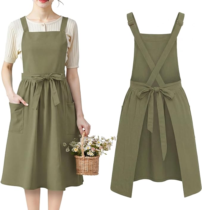100% Cotton Aprons with Pockets Pinafore Dress for Women Vintage Cute Aprons for Kitchen Baking Gardening Painting