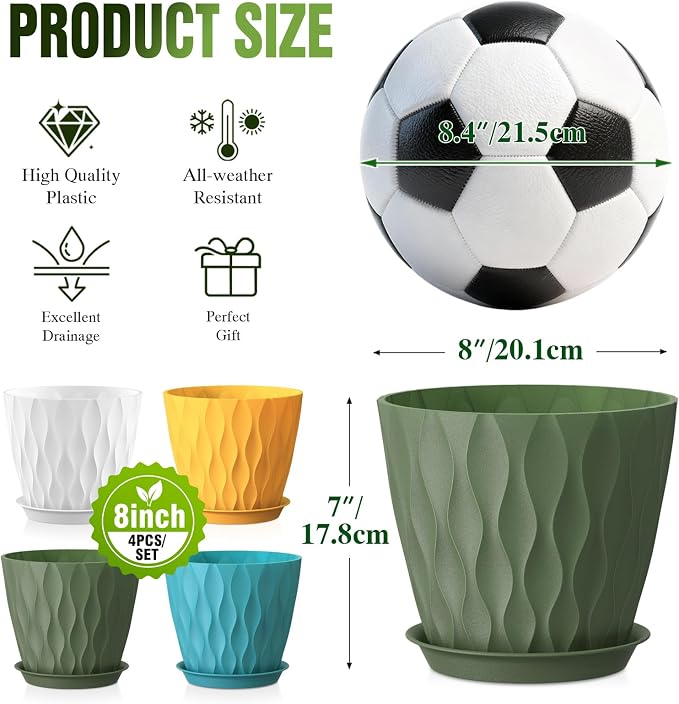 8 Inch Plant Pots 4 Pack Plastic Planters with Drainage & Saucers | 8 inch 4 pack plastic plant pots with 3D water ripple texture, drainage holes and saucers for indoor outdoor plants