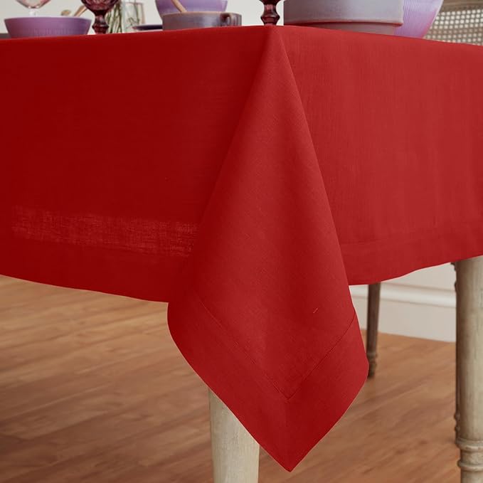 Solino Home Linen Red Tablecloth 60 x 144 Inch - 100% Pure Linen Rectangular Tablecloth - Machine Washable Table Cloth for 4th of July - Fete