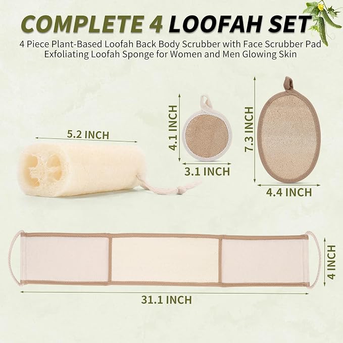 DEBETOOL 4 Piece Natural Loofah Back Scrubber with Face Scrubber Pad for Shower - Exfoliating Loofah for Women and Men Glowing Skin