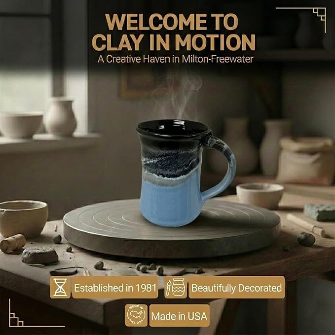 Clay in Motion Handmade Ceramic Mug 24 oz, Large Coffee Mug, Hand Painted Stoneware, Dishwasher Microwave & Oven Safe, Lead-Free, Made in USA Since 1981 (Pacific Chill)