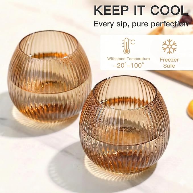 JOVGANK Brown Ribbed Drinking Glasses Set of 6-10.8 OZ Stemless Wine Champagne Whiskey Cocktail Glass, Reusable Wine Cups for Home Party Wedding Bar