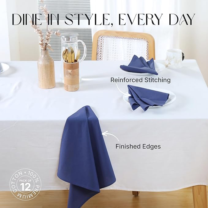 Cloth Napkins Set of 12, 100% Cotton Fabric Reusable Dinner Napkins, 18 x 18 Inch Washable Table & Kitchen Napkins for Everyday Dining, Entertaining, Home & Restaurant Use, Ocean Blue