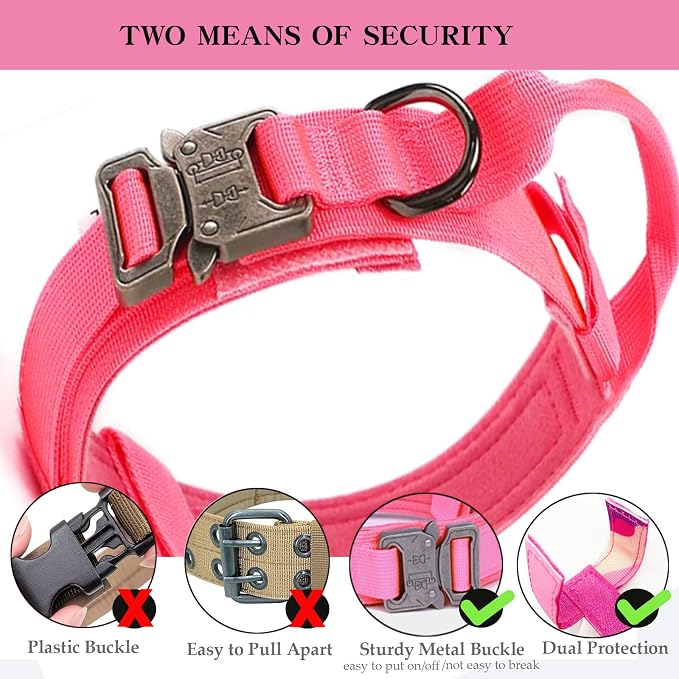 Tactical Dog Collar Adjustable Military Nylon Dog Collar with Control Handle and Heavy Duty Metal Buckle for Medium and Large Dogs (Pink,M)