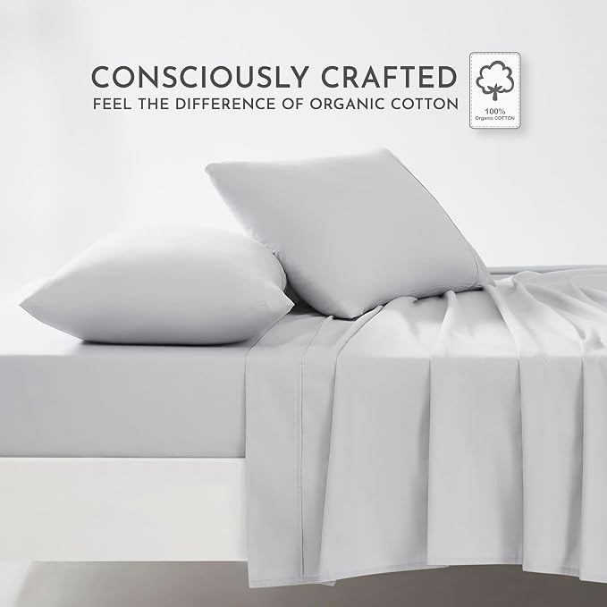 Linen Closet 100% Organic Cotton Twin Bed Sheets Set - 3 Pieces Percale Weave Cooling Sheets for Hot Sleepers - 16" Deep Pocket Fitted Sheet - Crisp, Breathable & Brushed for Softness - Light Gray