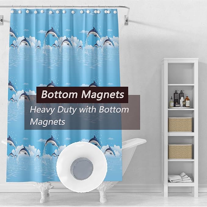 TIKABC Shower Curtain Liner, 4G PEVA Blue Dolphin Shower Liner, Plastic Waterproof Shower Curtains, 72x72 inch with Grommet Holes 3 Magnetic Weights