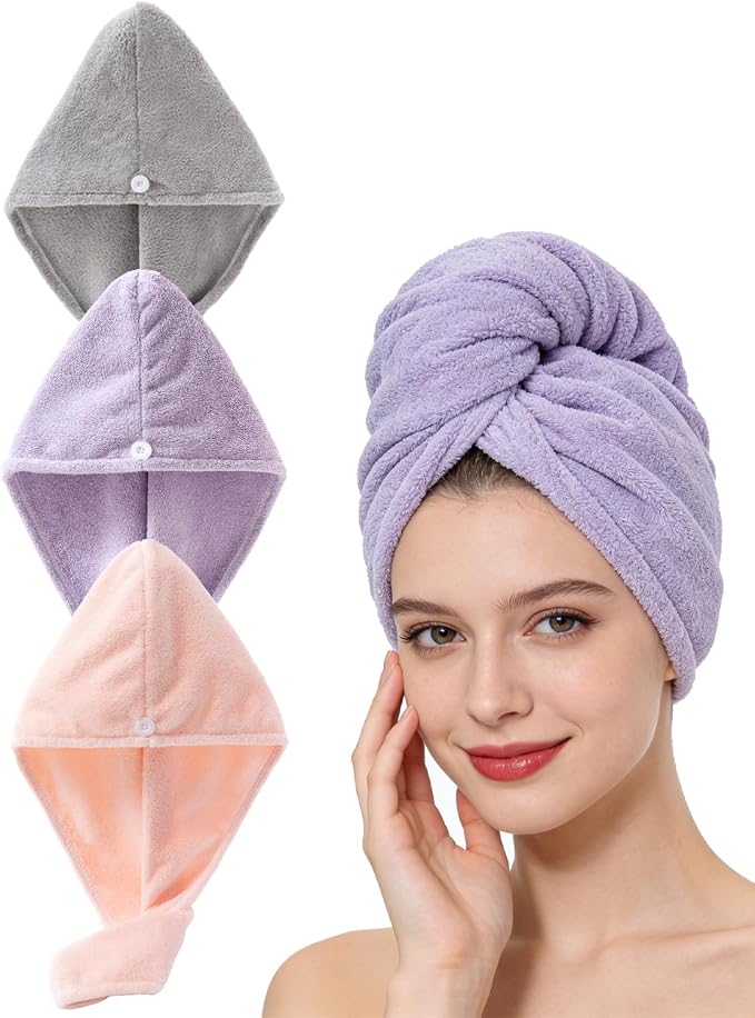 Lumimi Microfiber Hair Towel Wrap for Women 3 Pack - Ultra Absorbent Fast Drying Turban with Button Closure for Curly/Straight Hair, Lightweight & Machine Washable 25 x 65cm (Pink+Purple+Light Grey)