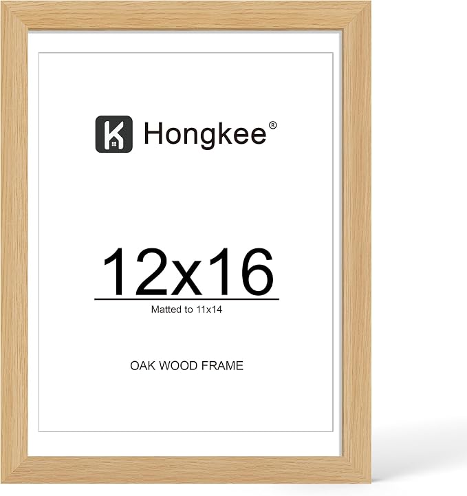 Hongkee 12x16 Oak Wood Picture Frame 1 Pack(Matted 11x14), Real Glass Cover | Natural, 12 x 16 Solid Wood Frame for Wall Mounting - Includes Easel Back, Vertical Hang - Ideal for Home, Office