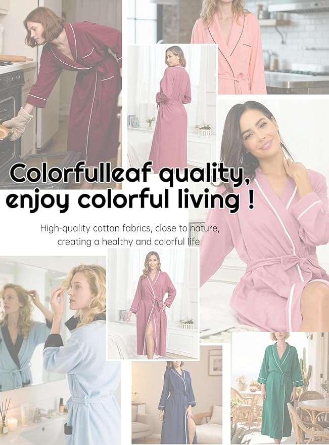 COLORFULLEAF 100% Cotton Women's Robes Summer Lightweight Kimono Soft Long Cotton Bathrobe for Women with Pockets