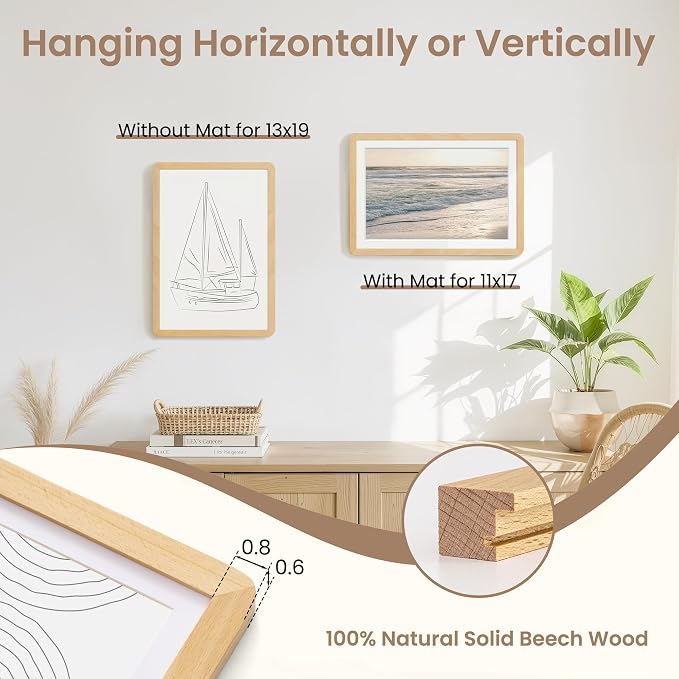 Fun Memories 13x19 Picture Frame - Solid Beech Wood Frame with Mat for 11x17, 13 By 19 Art Wall Frames with HD Tempered Glass, Horizontal or Vertical Wall Display, Natural Beech