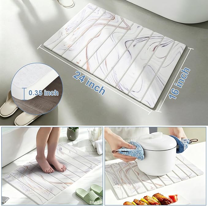 Large Stone Drying Mat for Kitchen Counter, Multifunction Stone Bath Mats for Bathroom, Collapsible Stone Dish Drying Mats, Quick Dry Diatomaceous Earth Drying Stone for Kitchen Counter, 24×16''-Grey