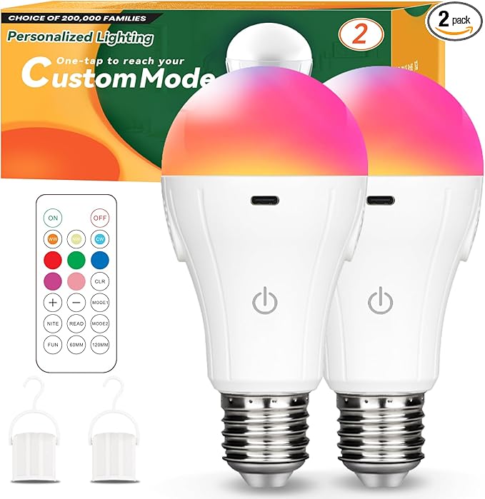 Neporal MagicGlow Rechargeable Light Bulbs with Remote, Memory Mode, 8 Colors Shift + Dimmable Battery Powered Light Bulbs, USB Rechargeable, A19 Emergency LED Bulbs, 15W (2, Rgb-3000-4000-6000k)