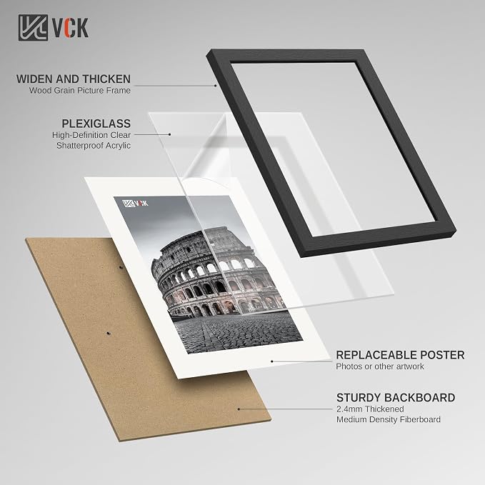 VCK 11x14 Picture Frame Black - 2 Pack, Gallery-Quality Wood Poster Frames, 1.1-Inch Wide Border, Polished Plexiglass, Vertical or Horizontal Wall Display for Photo/Certificates/Prints, Black