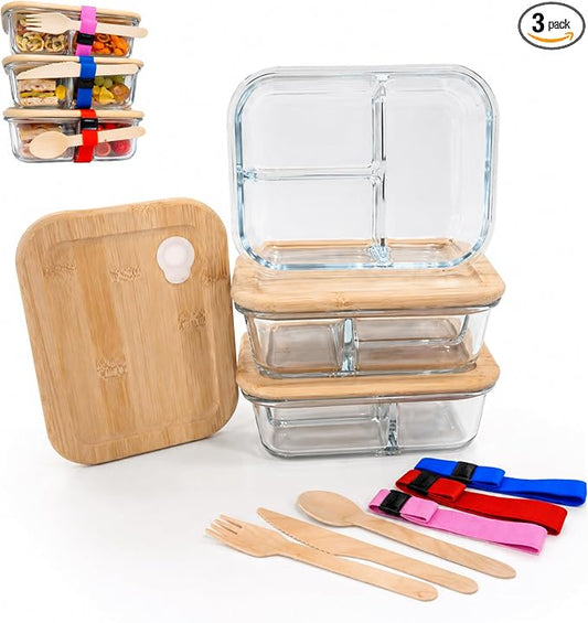 Glass Food Storage Containers with Bamboo Lids, Airtight Meal prep, Free Plastic Food Storage, Eco-Friendly With Elastic Bands and Descartables Wood Utensils (3Pack)
