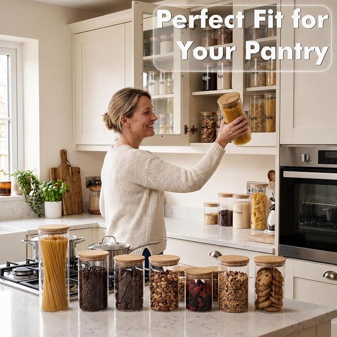 6-Pack 1Qt Round Glass Storage Jars with Bamboo Lids, Pantry Storage Containers for Neat Organization, Ideal for Minimalist Kitchen Organizer, Nut, Coffee Beans, Oats, Cookie, Candy, Tea