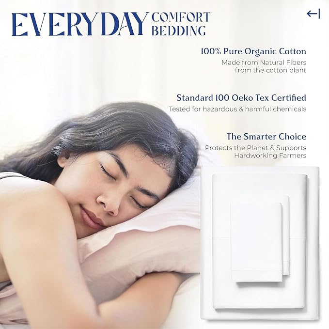 Mayfair Linen 100% Organic Cotton Percale Sheets Full Size Pack or 2 - Soft & Crisp Organic Cotton Sheets Full Size (8 PC, White), Fully Elasticized Eco Friendly Naturally Cooling Percale Sheet Set