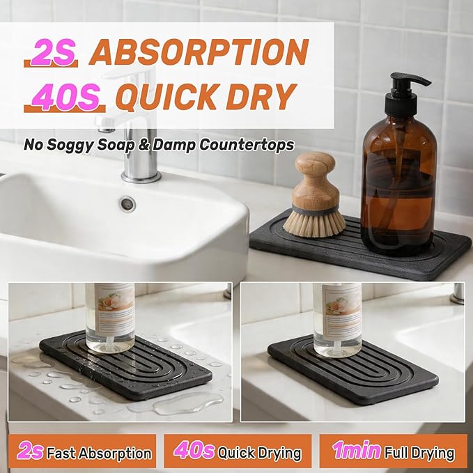 2 PCS Water Absorbing Stone Tray, Quick Drying Diatomite Sink Tray, Non-Slip Drying Mat for Bathroom Vanity & Kitchen Counter, Soap Dispenser Sponge Holder Organizer, White 8.3x4 Inch (Black)