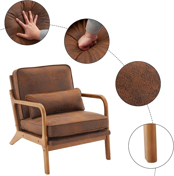 Karl home Mid-Century Modern Accent Reading Chair, Brown | Bronzing Upholstered, Solid Wood Frame, Soft Cushion, Lumbar Pillow, Lounge Armchair for Living Room, Bedroom, Balcony, Study